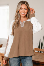 Dark Khaki Twisted Ribbed Leopard Lace Contrast Patchwork Long Sleeve Top