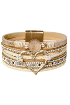 Beige Braided Heart Rhinestone Magnetic Buckle Multi Layered Bracelet