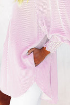 Blue Stripe Striped Casual Shirred Cuffs Shirt