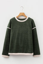 Four Leaf Clover Contrast Color Trim Knit Drop Shoulder Loose Top