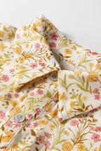 Yellow Floral Print Frilly Trim Smocked Cuff Long Sleeve Loose Shirt Dress