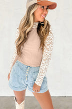 Smoke Gray Floral Lace Patchwork Long Sleeve High Neck Slim Top
