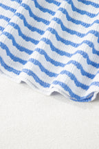 Sky Blue Stripe Knitted Short Sleeve Top and Drawstring Shorts Set