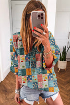 Sky Blue Floral Patchwork Collared V Neck Blouse
