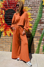 Flamingo Drop Shoulder Crop Pullover Drawstring Wide Leg Pants Set