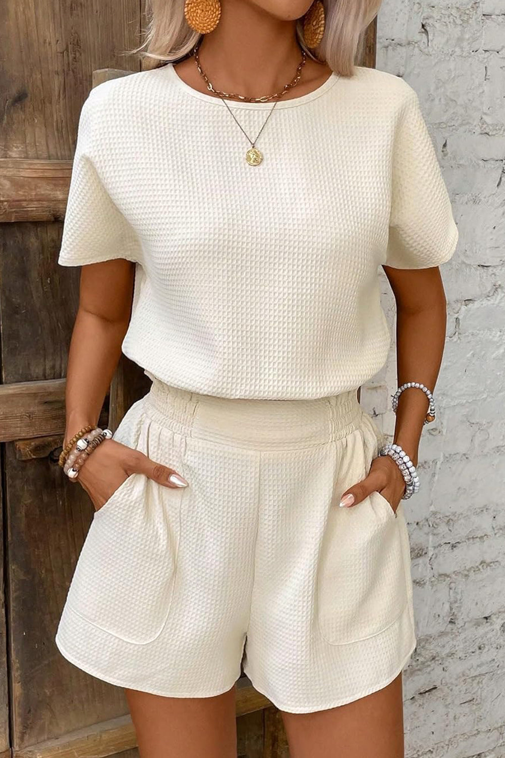 Beige Solid Textured Top and Shorts Set