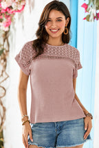 Oatmeal Hollow Patchwork Waffle Knit Top