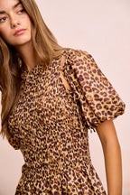BiBi Leopard Bow Tie Attachable Puff Sleeves Dress