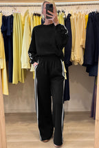 Oatmeal Varsity Striped Detail Cropped Pullover Wide Leg Pants 2pcs Outfit