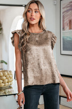 Gold Metallic Round Neck Ruffle Trim Sleeveless Top