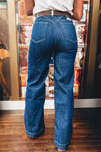 Sail Blue Stitched Waist Detail Cuffed Jeans