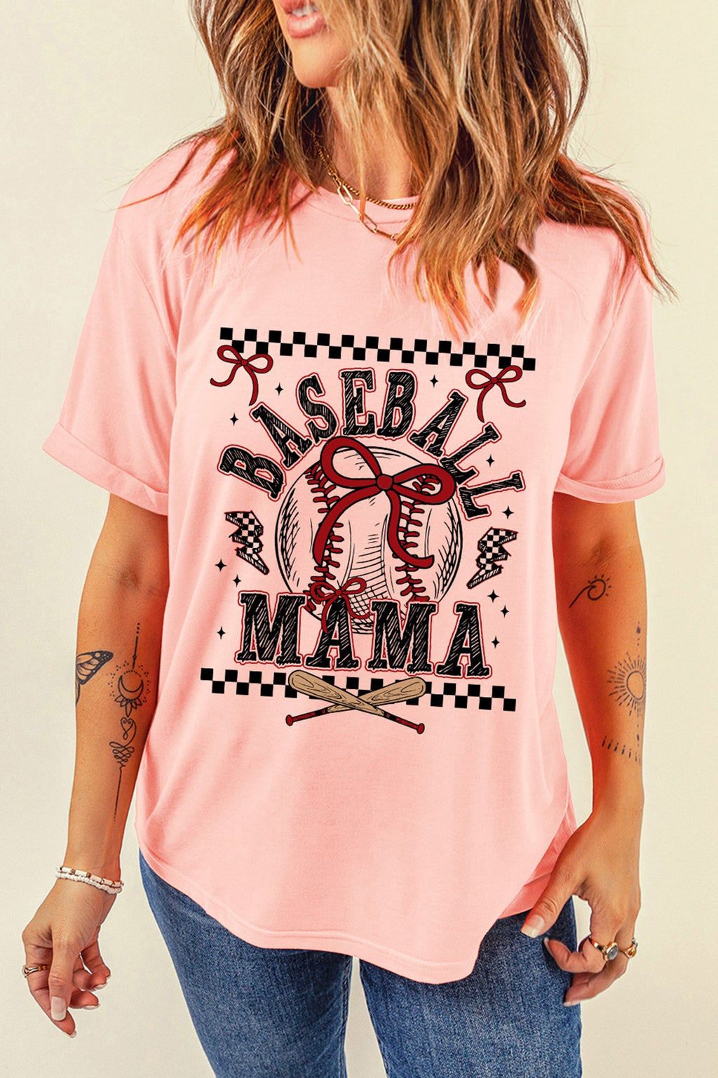Pink Baseball Mama Coquette Ball Checkered Graphic Tee