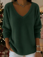 Women’s Plush V Neck Drop Shoulder Pullover Sweater