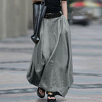 Women's High-Waist Flared Maxi Skirt – Solid Color Cotton Linen with Pockets