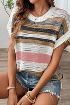 Pink Stripe Colorblock Eyelet Knit Short Sleeve Sweater Tee