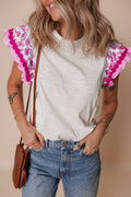 Rose Floral Striped Patchwork Flutter Sleeve Blouse