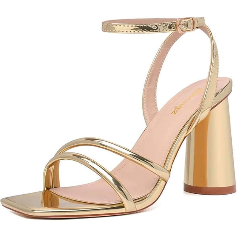 Ribongz Women Size 7.5 Shiny Gold OpenToe Ankle Strap 4" Block Heel Sandal Shoes