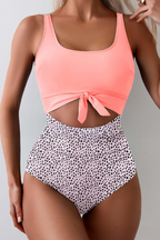 Orange Sleeveless Knot Cut Out One Piece Swimsuit