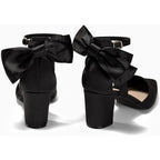 Coutgo Womens 7.5 Black 2.5" Heels Back Bow Closed Pointed Toe Ankle Strap Shoes