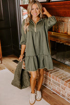 Jungle Green  Quarter Zip Collar Bracelet Sleeve Textured Mini Dress