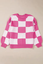 Dark Brown Plaid Bishop Sleeve Pullover Sweater