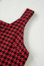 Khaki Houndstooth Print V Neck Sleeveless Mini Dress