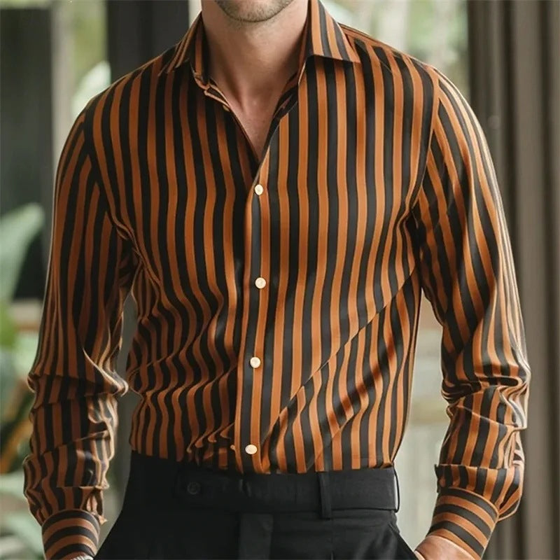Men's Lapel Button-Down Striped Collar Shirt