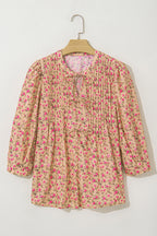 Light French Beige Floral Print Bow Pintuck Bust Half Puff Sleeve Blouse Top