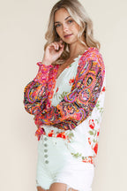 Multicolor Floral Patchwork Shirred Cuff Buttoned V Neck Blouse