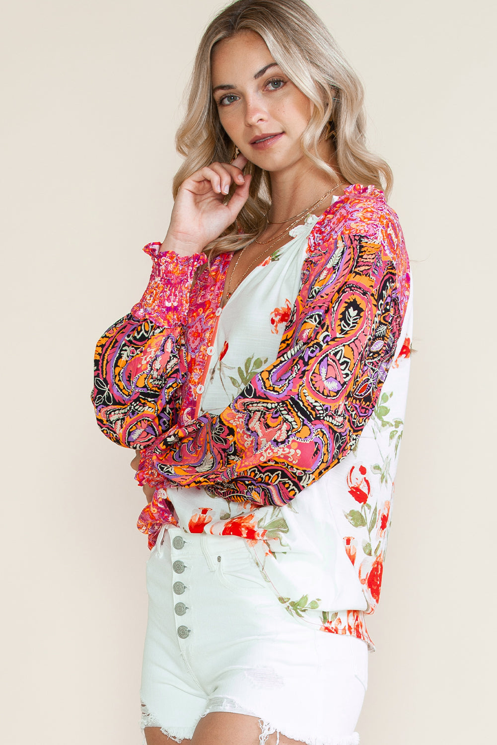 Multicolor Floral Patchwork Shirred Cuff Buttoned V Neck Blouse