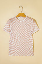 Khaki Checkered Print Mock Neck Mesh T Shirt