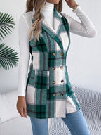 Women's Plaid Double-Breasted Pocket Tweed Long Vest