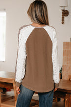 Dark Khaki Twisted Ribbed Leopard Lace Contrast Patchwork Long Sleeve Top