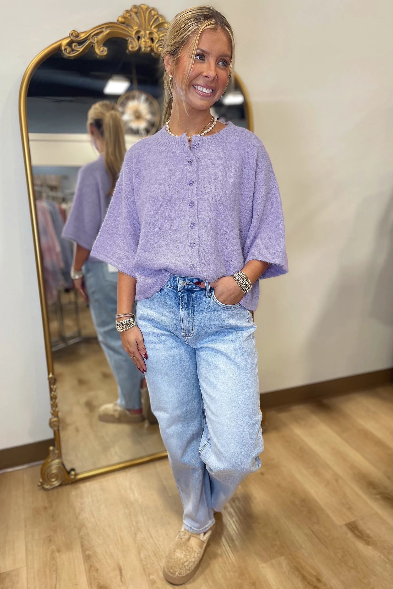 Beau Blue 3/4 Sleeve Boxy Knit Button Down Sweater Cardigan