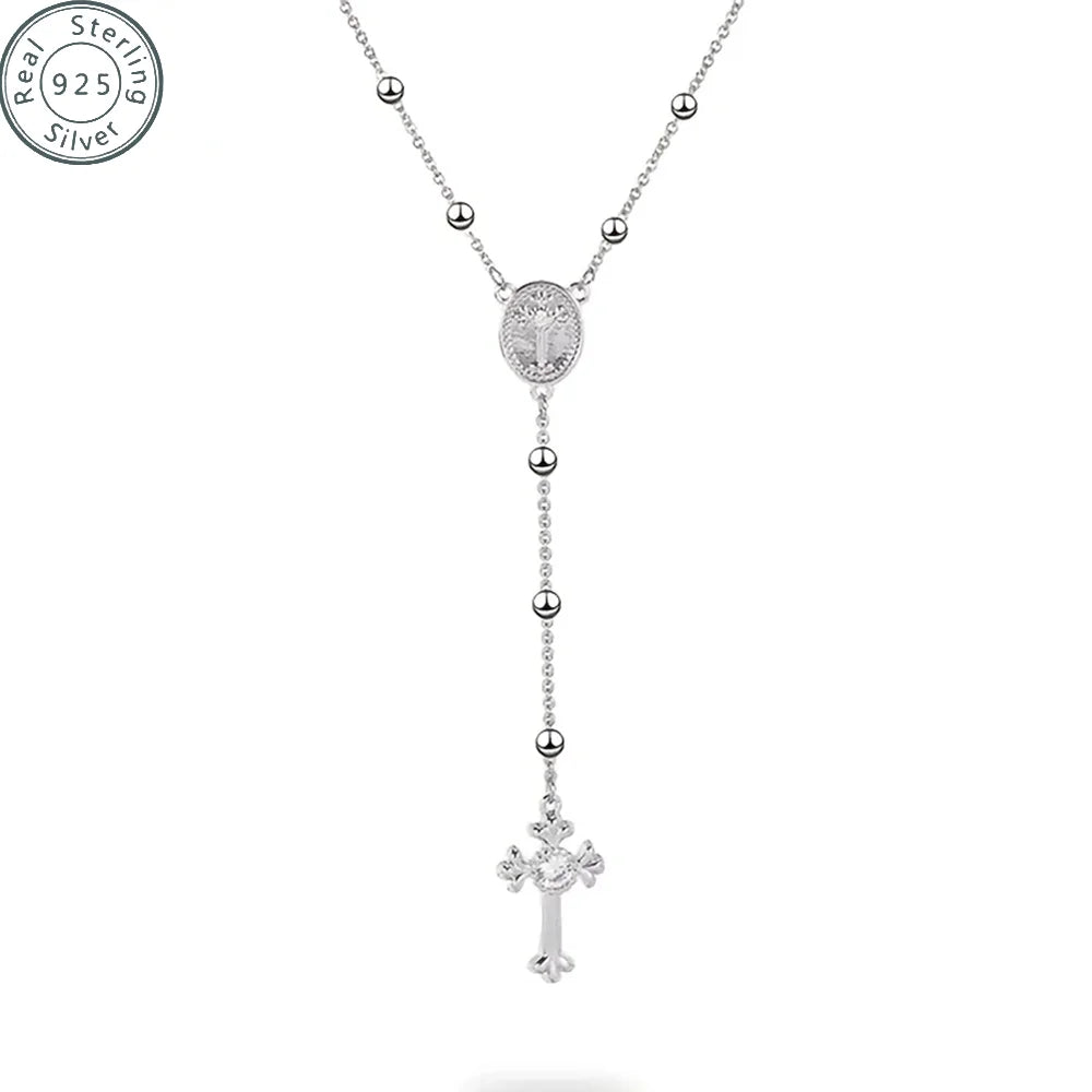 Italian 925 Sterling Silver or 18K Gold Plated Rosary Bead Cross Necklace Chain for Women men