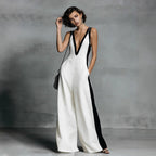 Women's Color-Block Sleeveless V-Neck Wide-Leg Jumpsuit – French Style Long Pants