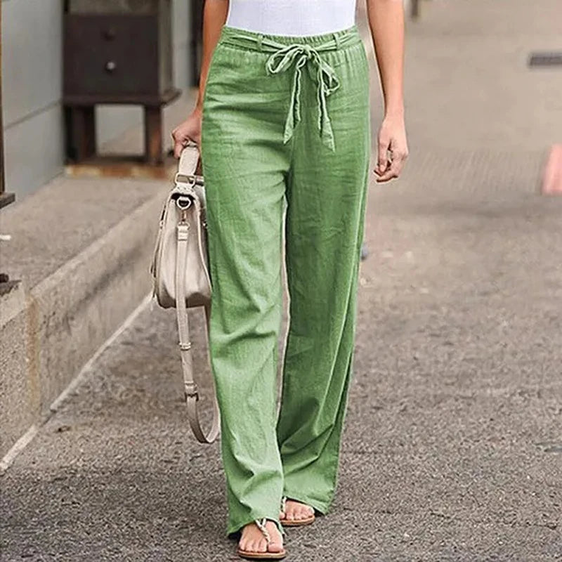 Women Long Pants Casual Loose Cotton Linen Elastic Waist Loose Straight Pants Female Elastic Waist Wide Leg Trousers Streetwear