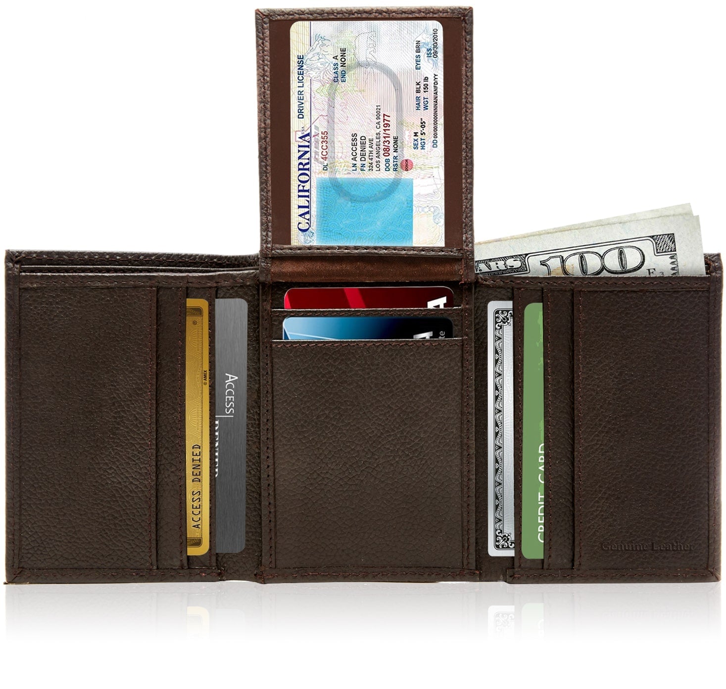 Genuine Leather Trifold Wallet – Flip-Up Dual ID Windows, RFID Blocking