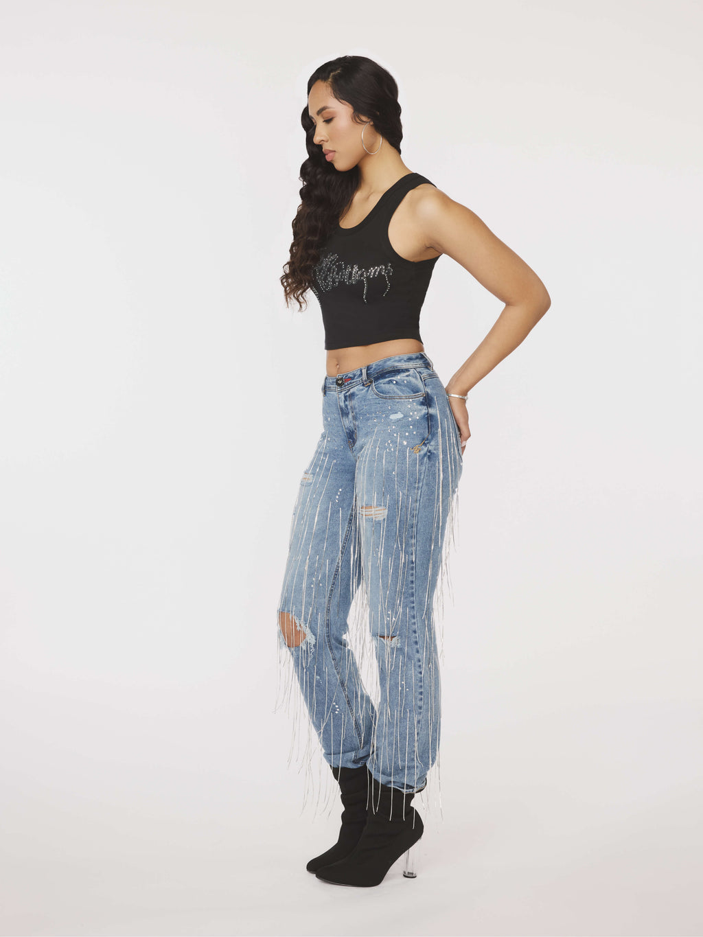Star Struck Destructed Fringe Jean - Medium Wash