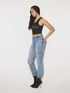 Star Struck Destructed Fringe Jean - Medium Wash