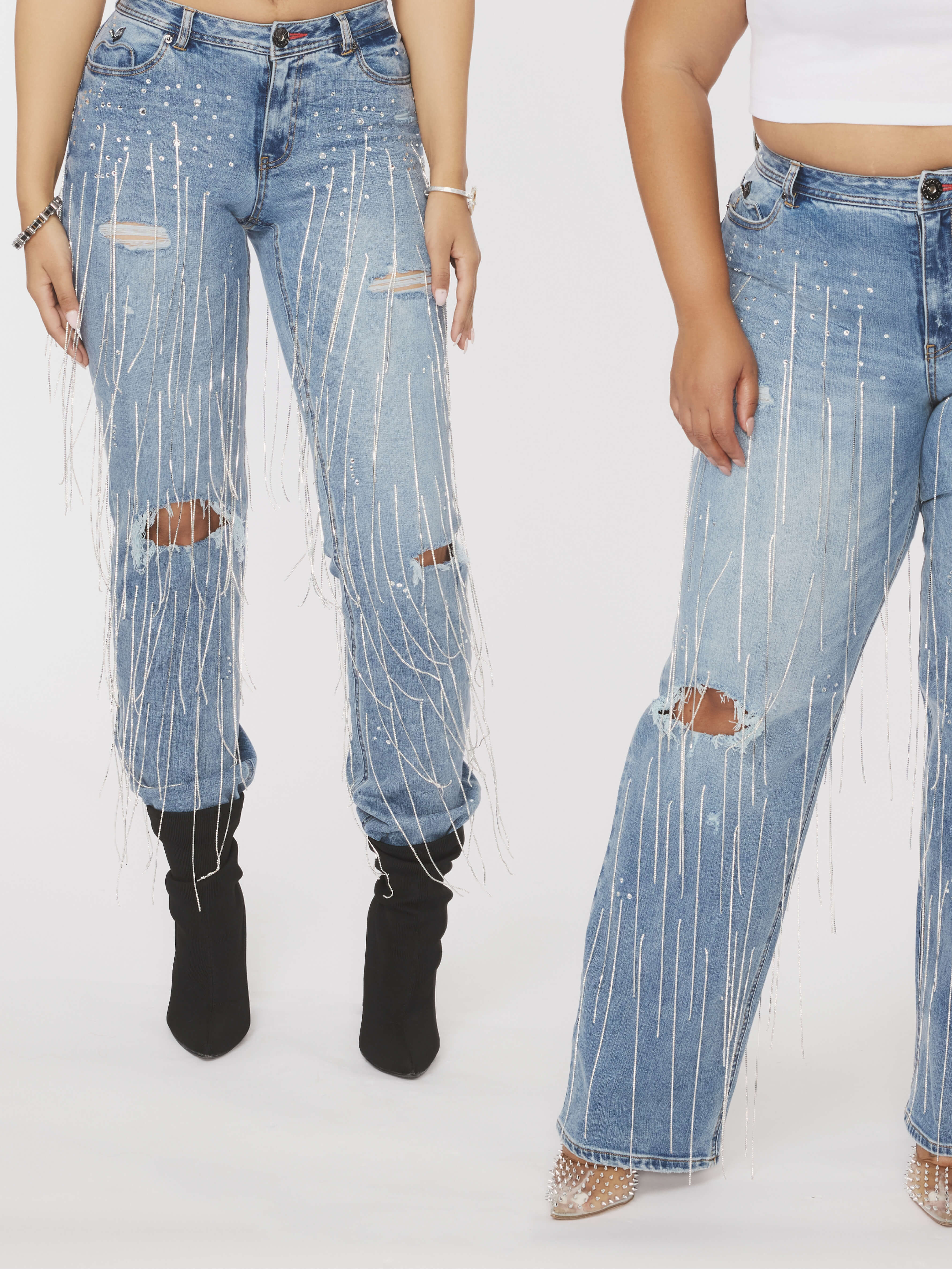 Star Struck Destructed Fringe Jean - Medium Wash