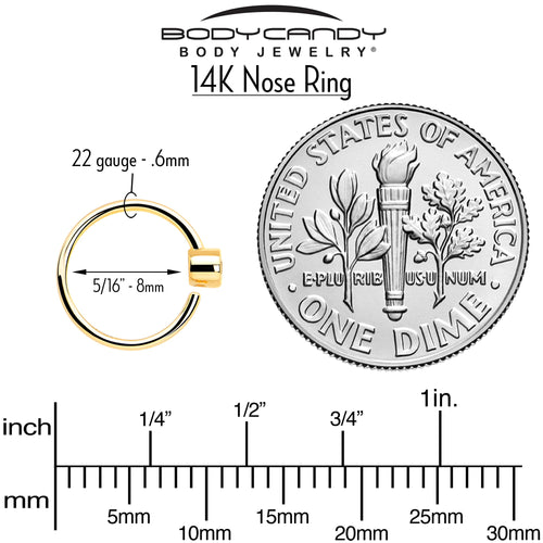 14k Solid Yellow Gold Bendable Nose Hoop 22G 5/16 with 2mm Bezel CZ