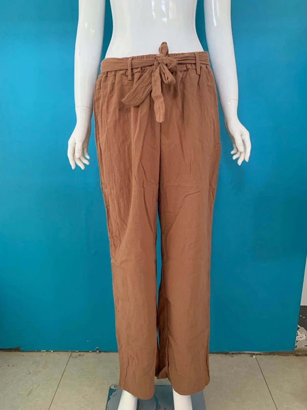 Women Long Pants Casual Loose Cotton Linen Elastic Waist Loose Straight Pants Female Elastic Waist Wide Leg Trousers Streetwear