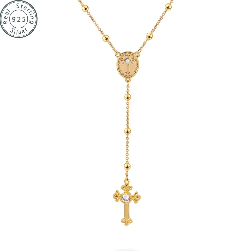 Italian 925 Sterling Silver or 18K Gold Plated Rosary Bead Cross Necklace Chain for Women men