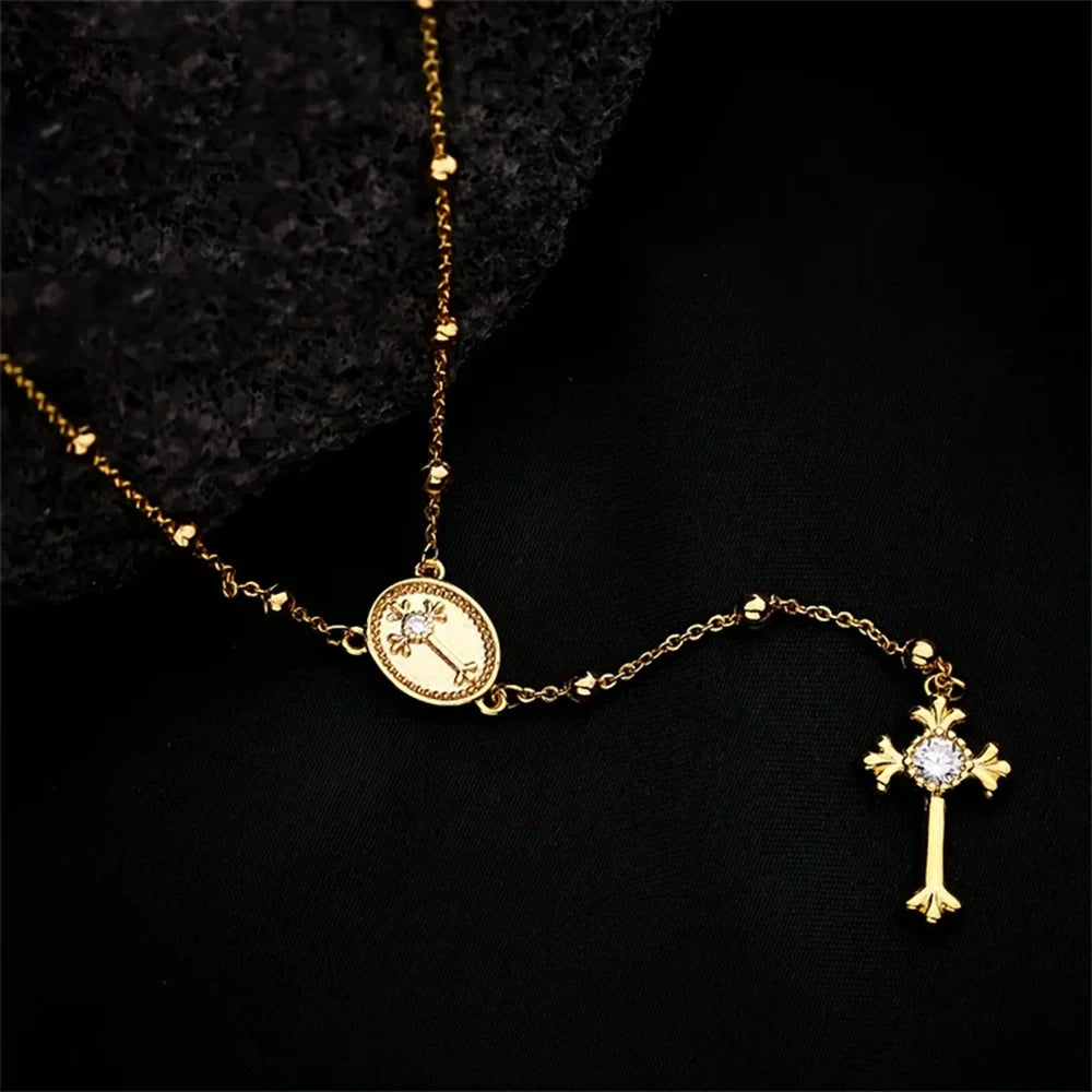 Italian 925 Sterling Silver or 18K Gold Plated Rosary Bead Cross Necklace Chain for Women men