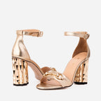 The Avlonya Block Heel Gold Leather Ankle Strap Women Sandal
