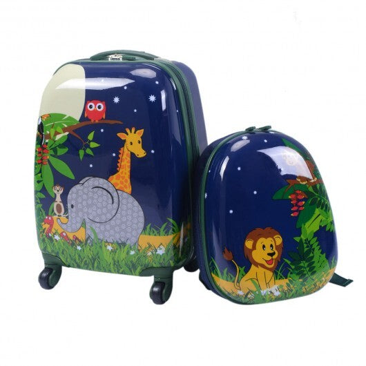 2 Pieces 12 Inch and 16 Inch Kids Carry on Suitcase Rolling Backpack School Luggage Set-Elephant - Color: Dark Blue