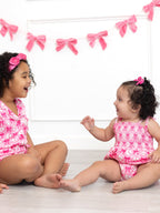 Baby Girl Pink Baseball Bow Print Romper Summer Outfit
