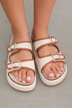Beige Linen Dual Buckle Strap Thick Sole Slippers