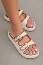 Beige Linen Dual Buckle Strap Thick Sole Slippers